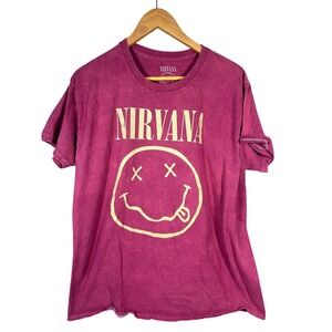 Nirvana Smiley Face T Shirt‎ Magenta Washed Graphic Tee Large